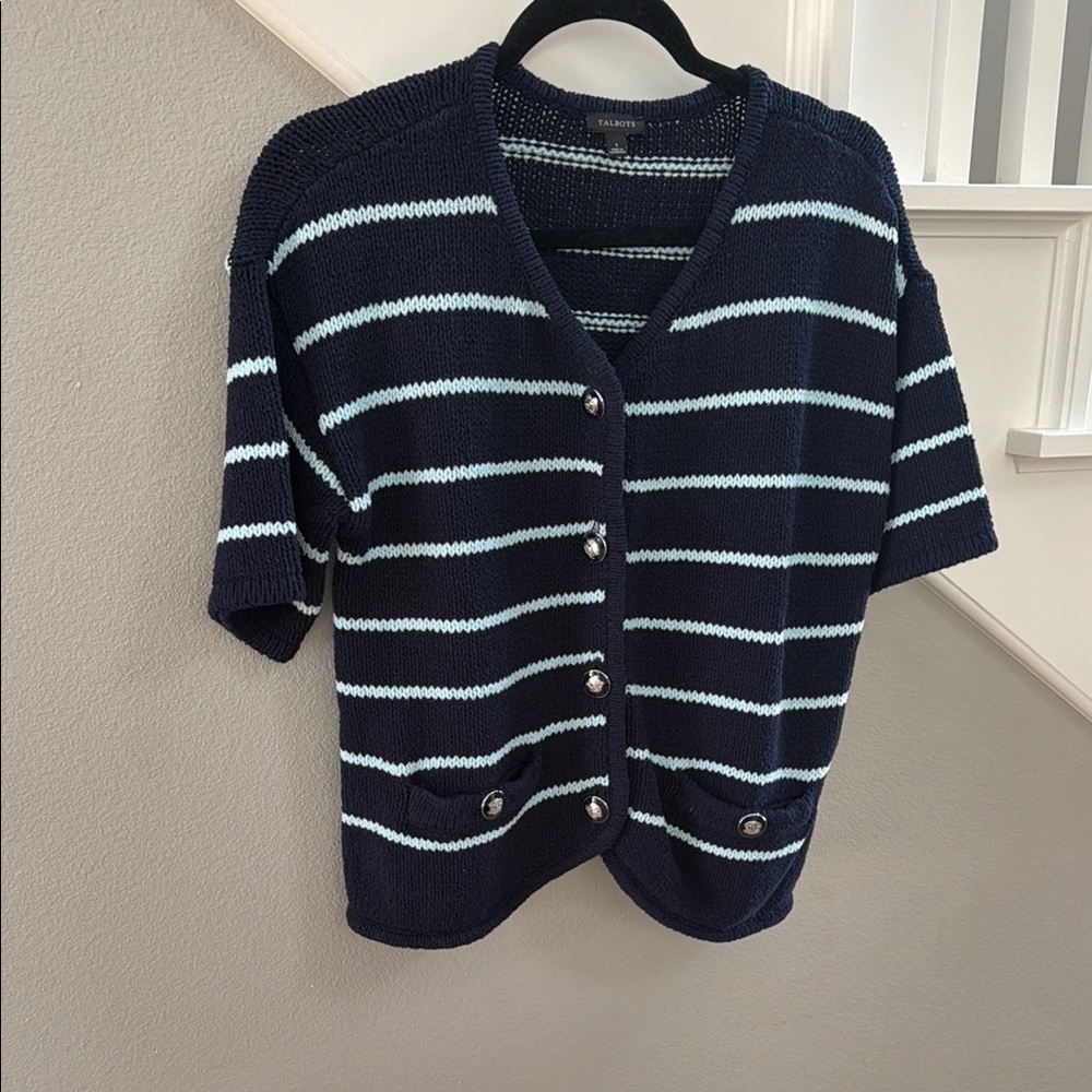 Talbots Navy and Light Blue Striped Short-Sleeve Cardigan